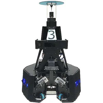 A black mobile base with lights and electronics supports a triangular frame which extends upwards and ends with a circular disc on top. Cameras and electronics are seen in the frame and the number 3 is on the exterior.