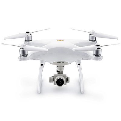 A small white drone with four propellers on top and a camera on its underside.