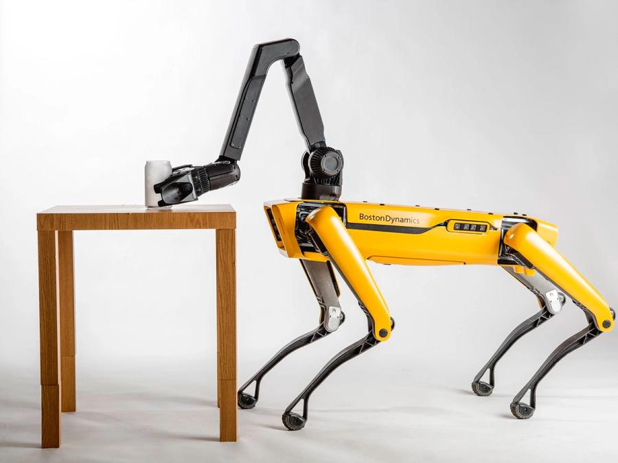 A yellow quadruped has an articulated black arm on top ending in a black gripper that picks a cup up from a small table.