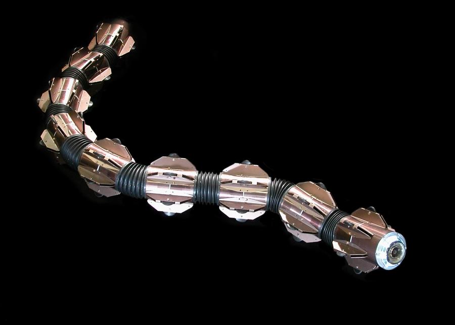 A bronze snake like robot on a black background.