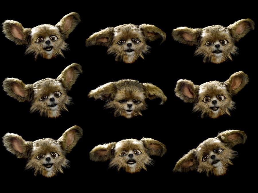 Nine images each showing a furry robot making a different face, some happy, others sad, against a dark background.