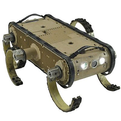 A 20 cm robotic hexapod with a rugged design including two lights in the front and six curved flippers that rotate.