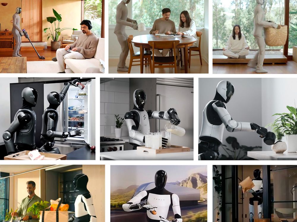 Three by three grid showing various humanoid robots performing household tasks, such as watering plants, vacuuming and loading laundry.