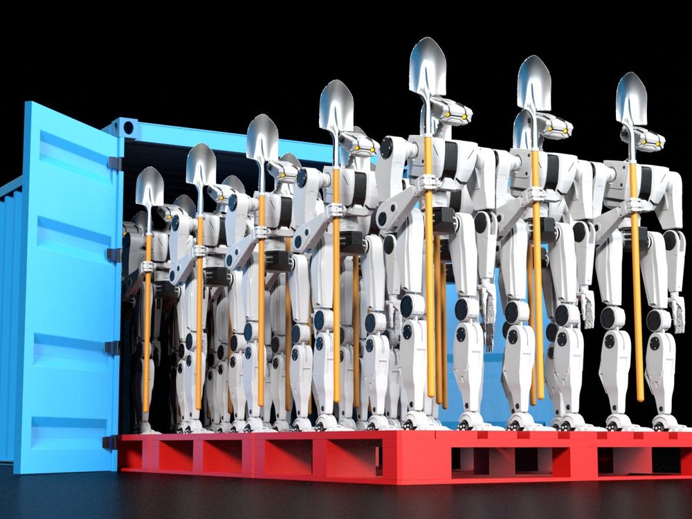 Robots with shovels stand in a container, ready for deployment on a pallet.