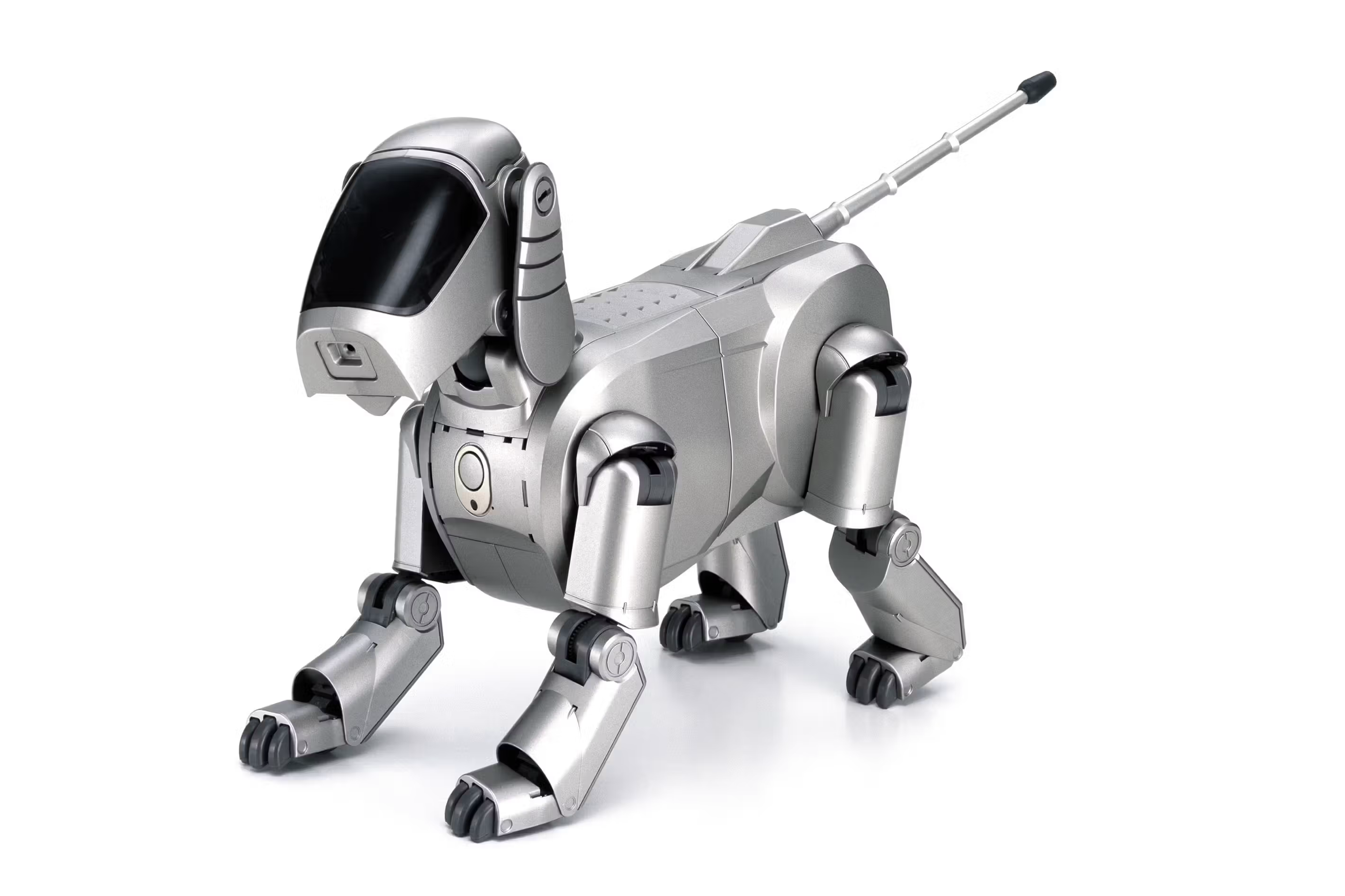 Metallic robot dog with black, windshield-like face